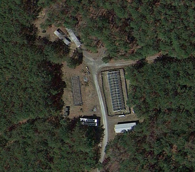 An overhead view of the mesocosm facility in the Duke Forest
